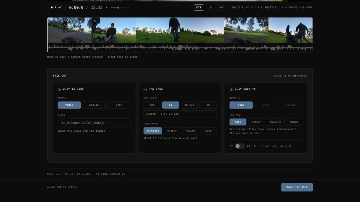 Kime's timeline - moments marked on the waveform, and the controls for shaping the cut